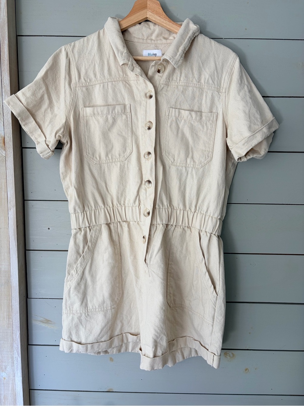 Blu Ivy Cream Utility Romper Jumpsuit Size Large 100% Cotton
